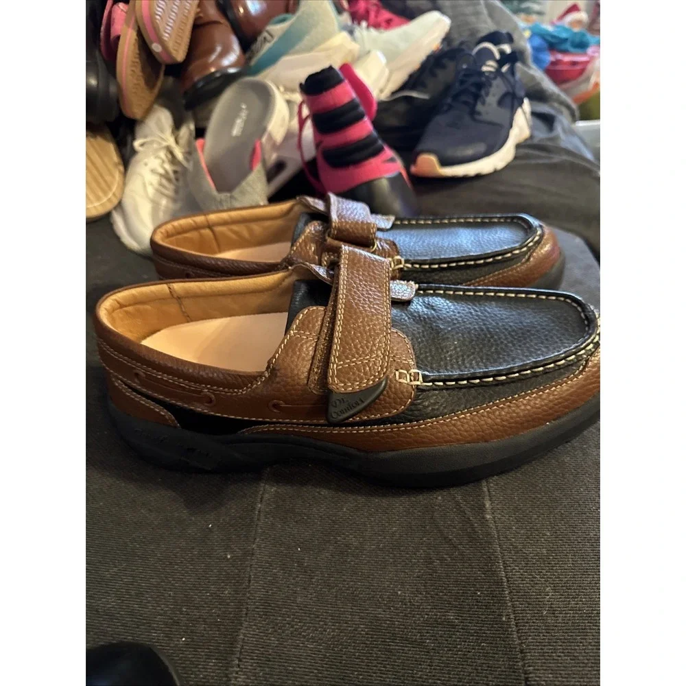Dr Comfort Mike Casual Boat Shoes  Leather Hook and Loop Black Brown 11.5